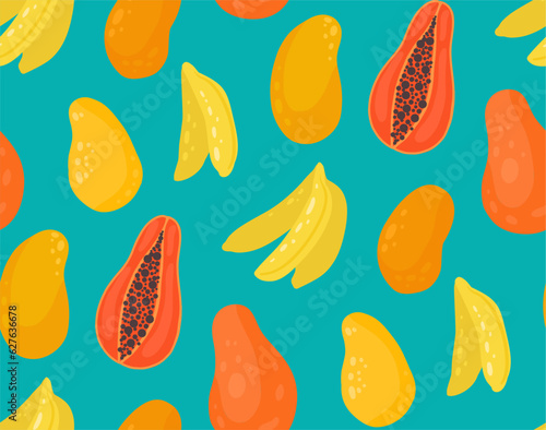 Simple vector seamless pattern with tropical fruits. Texture with mango, papaya and bananas on a turquoise background. Surface design