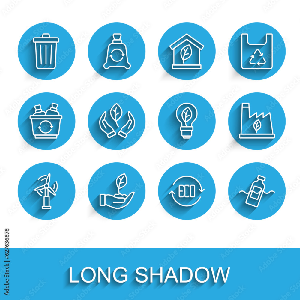 Set line Wind turbine, Plant hand, Trash can, Leaf Eco symbol, The problem of pollution, recycling garbage and Light bulb with leaf icon. Vector Set line Wind turbine, Plant hand, Trash can, Leaf Eco symbol, The problem of pollution, recycling garbage and Light bulb with leaf icon. Vector