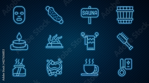 Set line Sauna thermometer, brush, Campfire, Aroma candle, Facial cosmetic mask, Towel on hanger and Washcloth icon. Vector