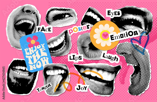 Halftone laughing lips set with grunge elements. Collage mouth collection for banner, poster, colage. Vector offset Texture elements pack