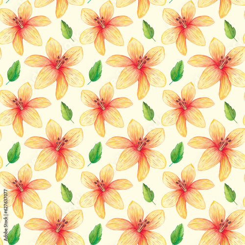 Yellow lilies pattern. Watercolor handmade yellow and orange lily flowers seamless pattern on white background