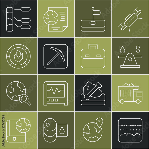 Set line Soil ground layers, Mining dump truck, Oil money, Flag, Pickaxe, analysis, and Briefcase icon. Vector