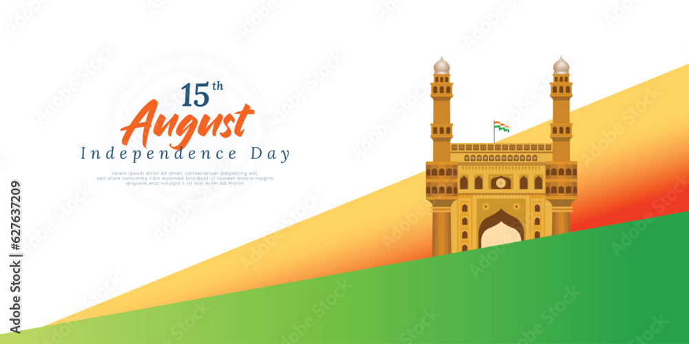 Naklejka premium 15th August Happy Independence Day greeting banner design with historical building poster or post 2023 vector file