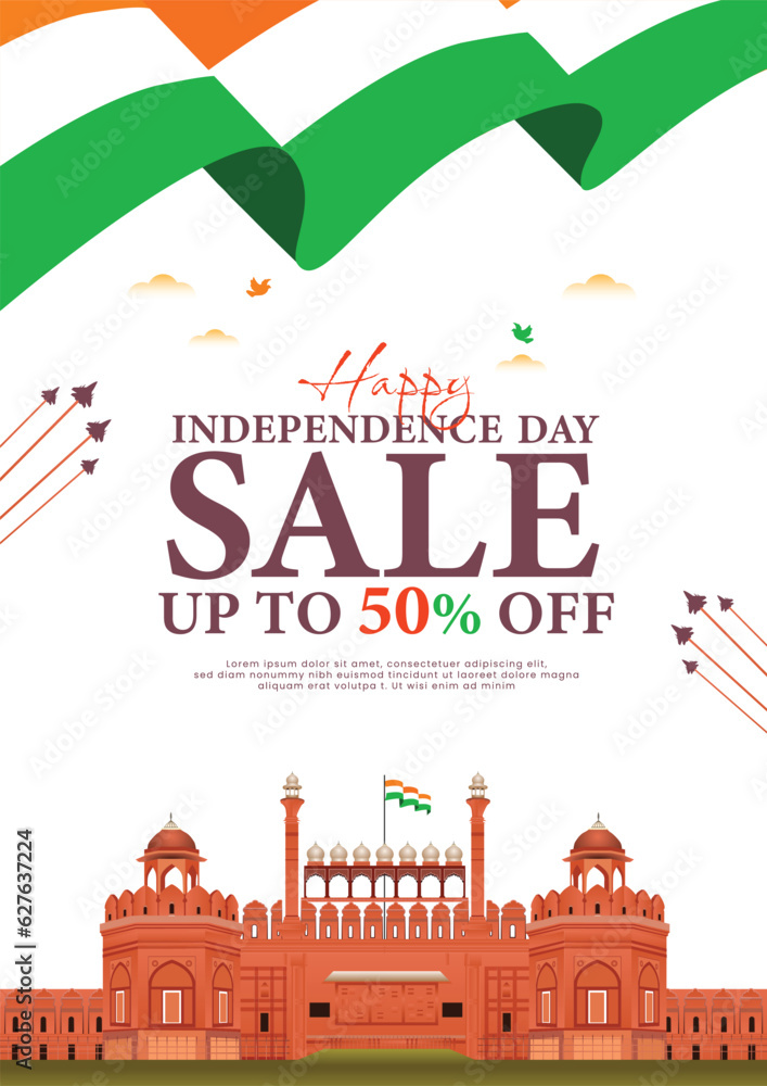 15th August Happy Independence Day advertisement sale poster design with 50% off flyer or banner 2023 vector file