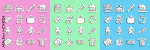 Set line Ancient column, Hairbrush, Gold ring, Pen, Earrings, Cinema ticket, Book and Suitcase icon. Vector
