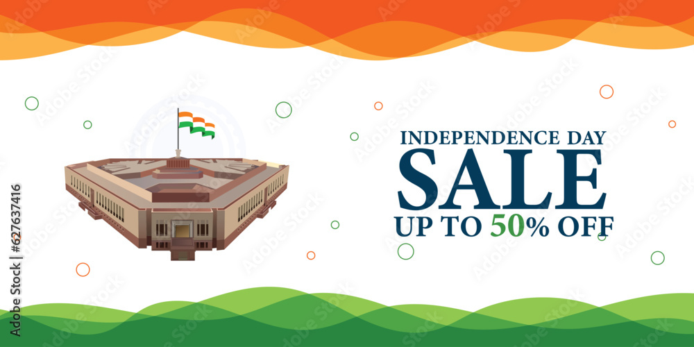 Independence day sale discounts orange and green water color stroke background social media banner or poster design with new Parliament building vector illustration