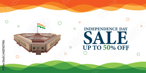Independence day sale discounts orange and green water color stroke background social media banner or poster design with new Parliament building vector illustration