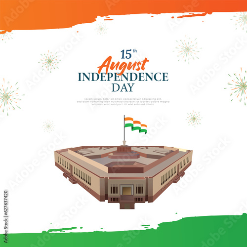 india independence day 15 august orange and green water color stroke background social media post or banner design with new Parliament building vector illustration