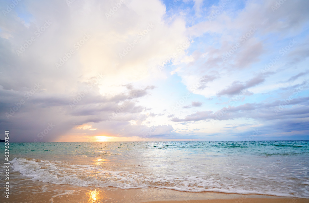 Seascape with sunset on the ocean shore. Beautiful cloudy sky. Seascape with sunset on the ocean shore. Beautiful cloudy sky.