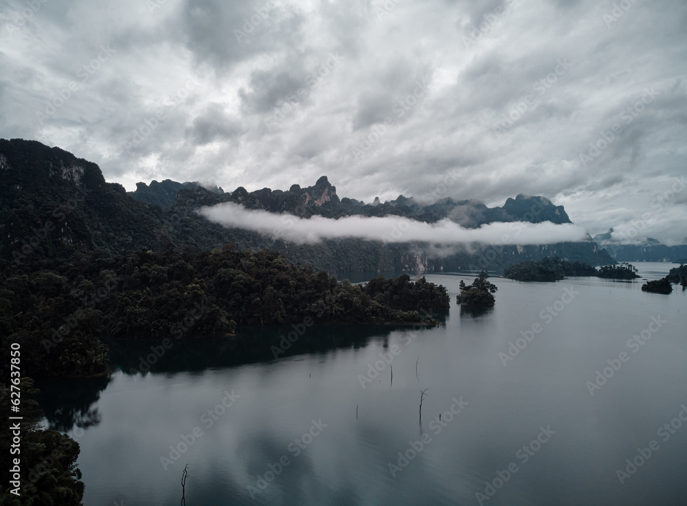 Beautiful landscape with lake, mountains and natural attractions on Cheow Lan Lake at Khao Sok National Park, Surat Thani Province, Thailand.