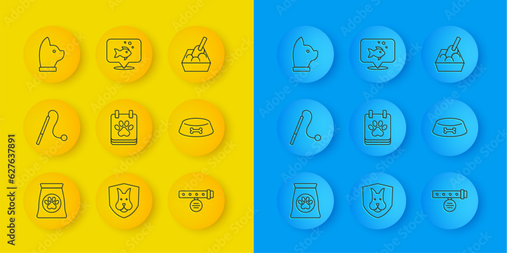 Set line Bag of food for pet, Pet cat toy, Calendar grooming, Collar with name tag, bowl dog, Cat, litter tray shovel and Fish icon. Vector Set line Bag of food for pet, Pet cat toy, Calendar grooming, Collar with name tag, bowl dog, Cat, litter tray shovel and Fish icon. Vector