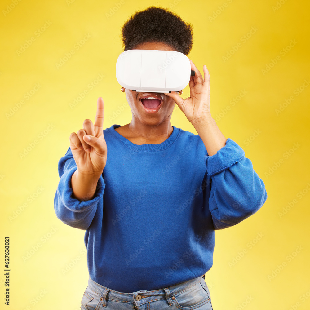 Fototapeta premium Gaming, metaverse and 3d with black woman and vr in studio for digital, glasses and augmented reality. Technology, future and gamer with female person on yellow background for scifi and gen z