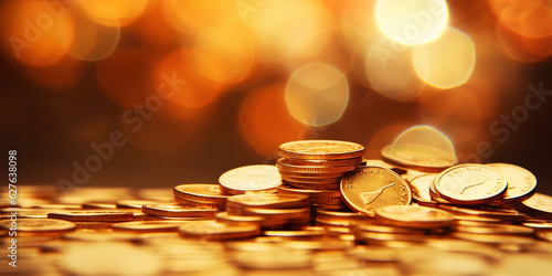 Pile of golden coins with gold bokeh background. Jackpot fortune concept. Generative AI