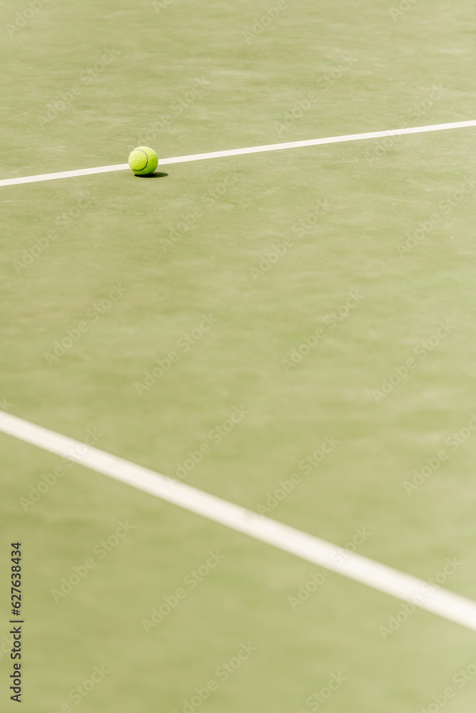 nobody on shot, tennis ball on spacious court, blurred foreground, summer, sport and leisure