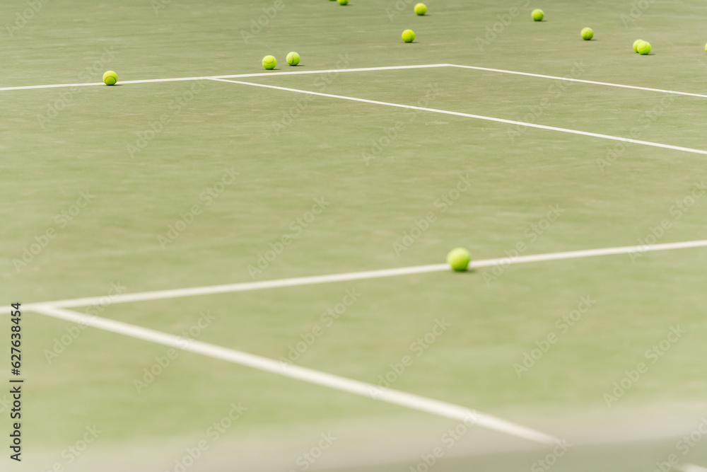 nobody on shot, tennis balls on spacious court, blurred foreground, summer, sport and leisure