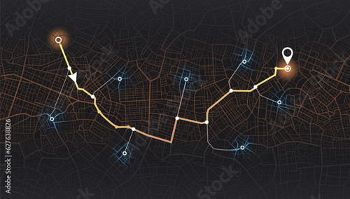 Location tracks dashboard. City street road. Vector, illustration. Abstract transportation background. Path turns and destination tag, mark. A visually stunning of colorful lines, geometric elements,