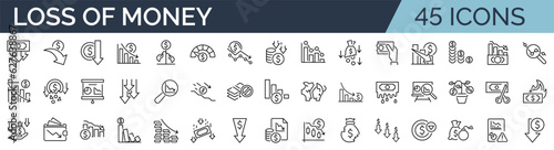 Set of 45 outline icons related to lose money, bankruptcy. Linear icon collection. Editable stroke. Vector illustration