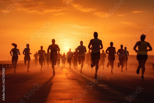 Picture of a group of people participating in a run. World health day. Generative AI