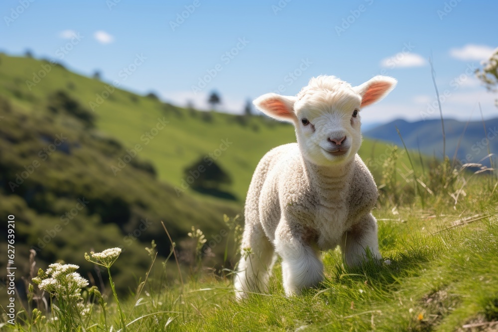 Lamb grazing on green grass meadow. Generative AI Lamb grazing on green grass meadow. Generative AI