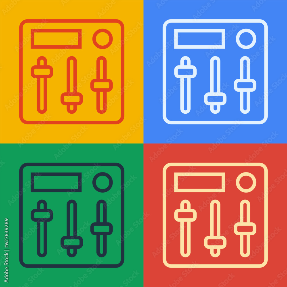 Pop art line Sound mixer controller icon isolated on color background. Dj equipment slider buttons. Mixing console. Vector Pop art line Sound mixer controller icon isolated on color background. Dj equipment slider buttons. Mixing console. Vector
