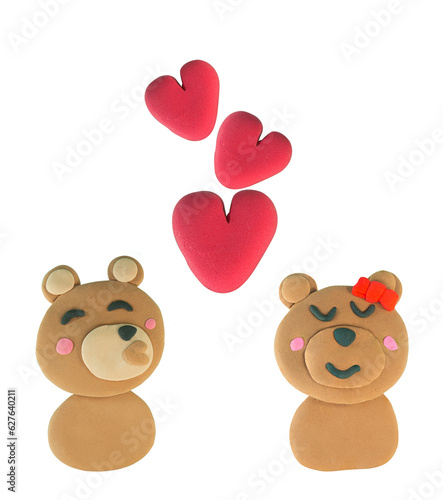 Set of Kissing bear made from plasticine on white