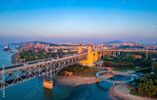 Dusk Scenery of Nanjing Yangtze River Bridge, Jiangsu Province, China