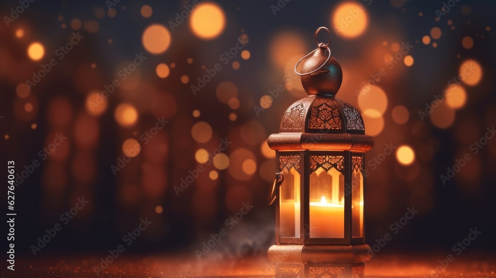 Ornamental Arabic lantern with burning candle glowing at night. Festive greeting card, invitation for Muslim holy month Ramadan Kareem. Generative Ai
