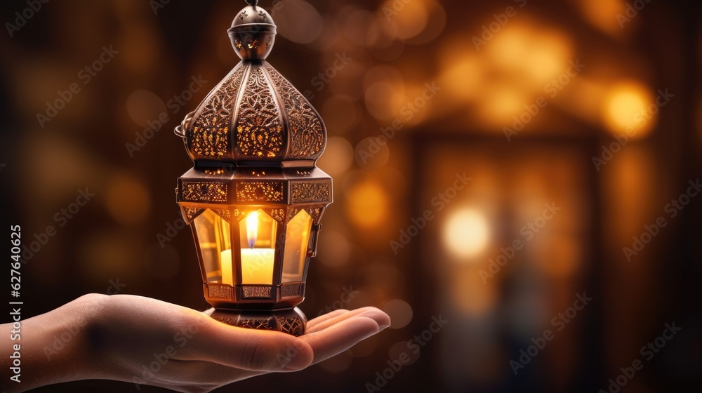 Ornamental Arabic lantern with burning candle glowing in hand. Generative Ai