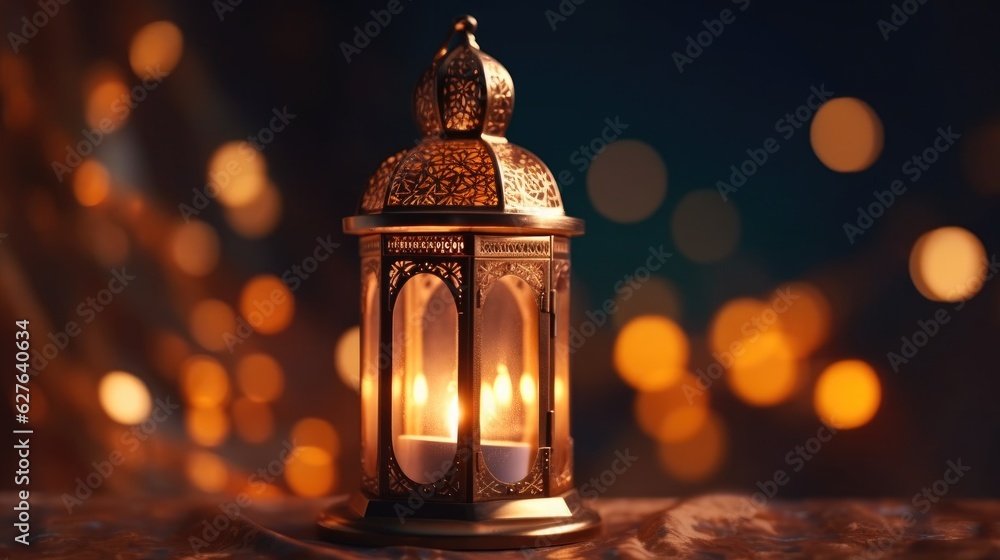 Ornamental Arabic lantern with burning candle glowing at night. Festive greeting card, invitation for Muslim holy month Ramadan Kareem. Generative Ai Ornamental Arabic lantern with burning candle glowing at night. Festive greeting card, invitation for Muslim holy month Ramadan Kareem. Generative Ai
