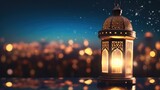 Ornamental Arabic lantern with serene mosque background with beautiful glowing lantern at night. Generative Ai