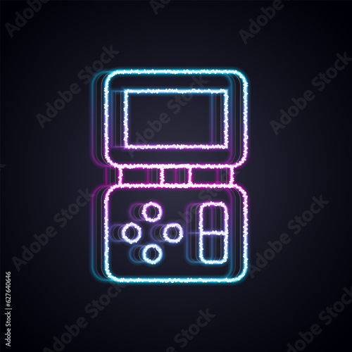 Glowing neon line Portable tetris electronic game icon isolated on black background. Vintage style pocket brick game. Interactive playing device. Vector