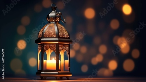 Ornamental Arabic lantern, Festive greeting card, invitation for Muslim holy month Ramadan Kareem. Generative Ai © tong2530