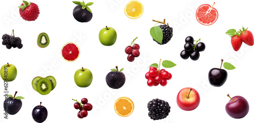 Printset different fruits are shown on a white background, in the style of red and purple