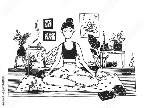 Girl in lotus pose on yoga mat. Woman doing yoga in the room. Cute vector cartoon hand-drawn illustration of young woman meditating. 