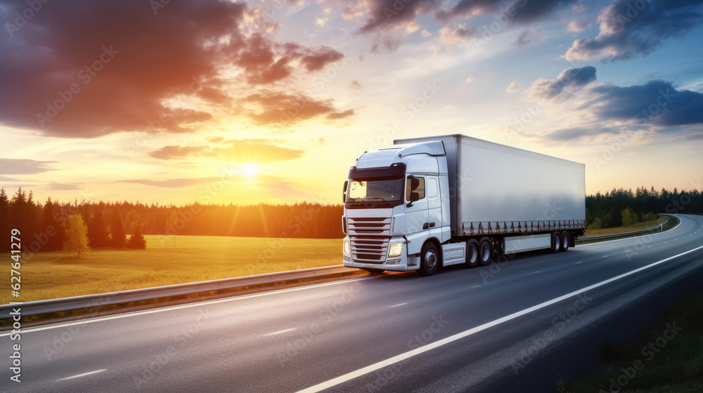 AI generated image of modern large trailer driving down an empty road at sunset. Logistics company. Freight transportation. Fast delivery.
