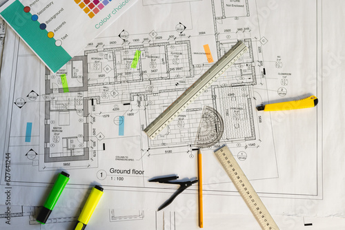 Close up of architecture project of building over design equipment