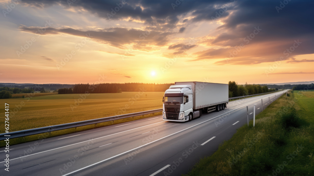 AI generated image of modern large trailer driving down an empty road at sunset. Logistics company. Freight transportation. Fast delivery.