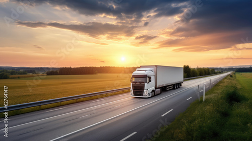 AI generated image of modern large trailer driving down an empty road at sunset. Logistics company. Freight transportation. Fast delivery. © masyastadnikova