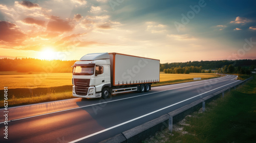 AI generated image of modern large trailer driving down an empty road at sunset. Logistics company. Freight transportation. Fast delivery.