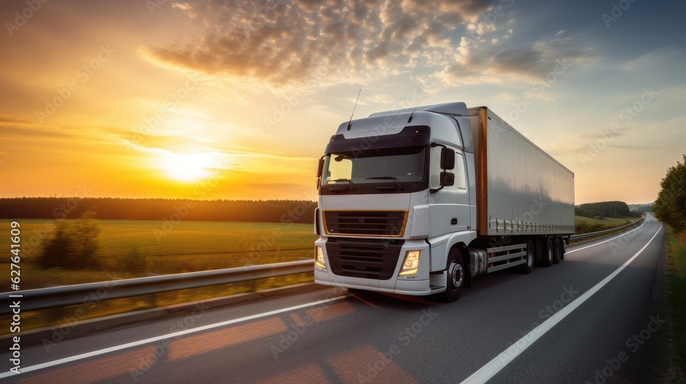 AI generated image of modern large trailer driving down an empty road at sunset. Logistics company. Freight transportation. Fast delivery.