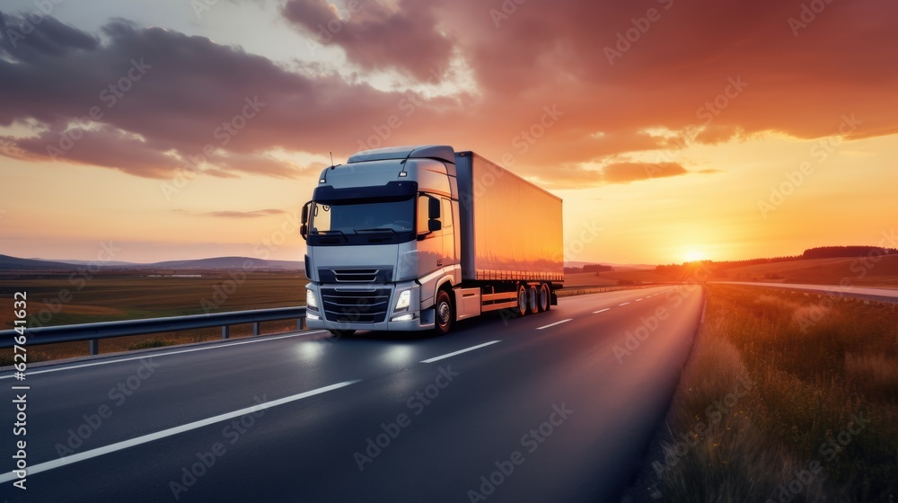 AI generated image of modern large trailer driving down an empty road at sunset. Logistics company. Freight transportation. Fast delivery.