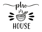 Pho house. Vector bowl logo. Design for poster, flyer, banner, menu cafe. Hand drawn calligraphy text. Typography pho soup logo icon. Signboard food icon pho noodle. Vietnamese kitchen street food.