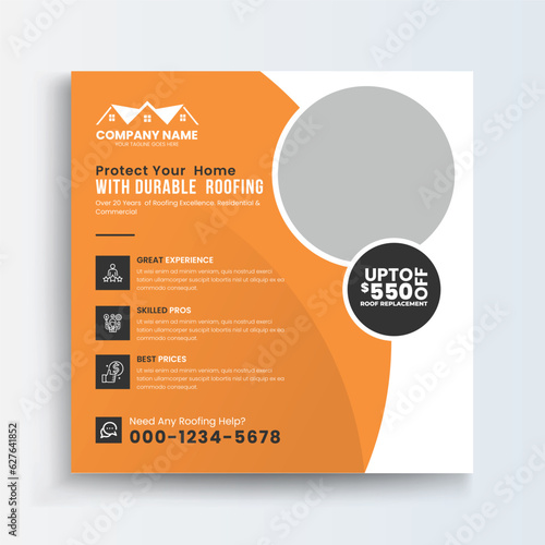 Roofing Social Media Post Roof repair, worker replacing gray tiles or shingles on house with blue sky as background and copy space, Roofing - construction worker