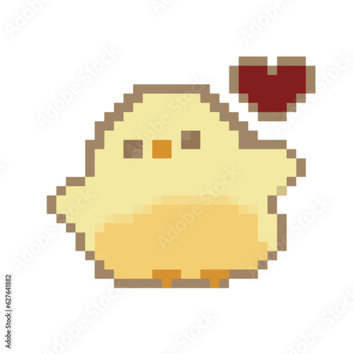 Cute yellow chick and heart,pixel,animal,monster,cartoon character,cute,icon ,vector, illustration,hand drawn
