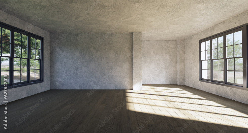 Obraz premium house Loft Style in window empty room but decorated with wooden floors looking out of the see near the viwe good place to relax.3D rendering