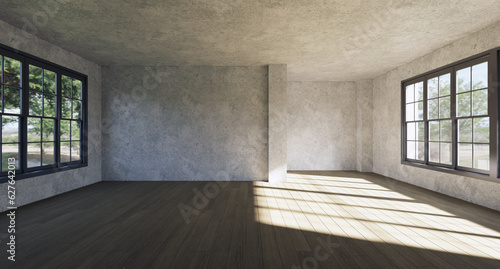 house Loft Style in window empty room but decorated with wooden floors looking out of the see near the viwe good place to relax.3D rendering