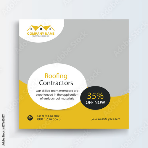 Roofing Social Media Post Roof repair, worker replacing gray tiles or shingles on house with blue sky as background and copy space, Roofing - construction worker