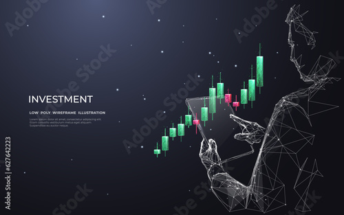 Abstract businessman is holding tablet with stock market candlestick hologram. Dark gray background. Digital Trading or Investment concept. Futuristic low poly investor. Vector 3D illustration.