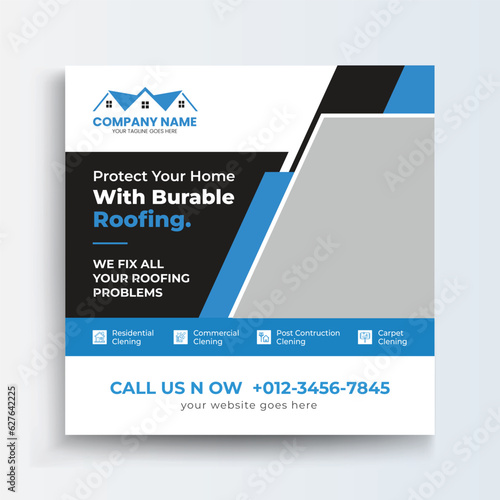 Roofing Social Media Post Roof repair, worker replacing gray tiles or shingles on house with blue sky as background and copy space, Roofing - construction worker