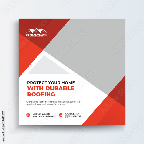 Roofing Social Media Post Roof repair, worker replacing gray tiles or shingles on house with blue sky as background and copy space, Roofing - construction worker